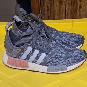 adidas Kids Gray Knit NMD Sneakers with Pink Accent